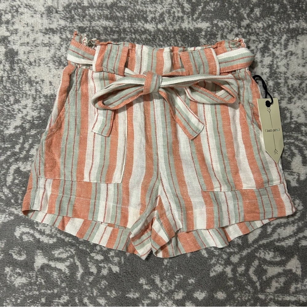 BanJara Orange and Mint Linen Blend Paperbag Tie Waist Striped Shorts NWT XS
